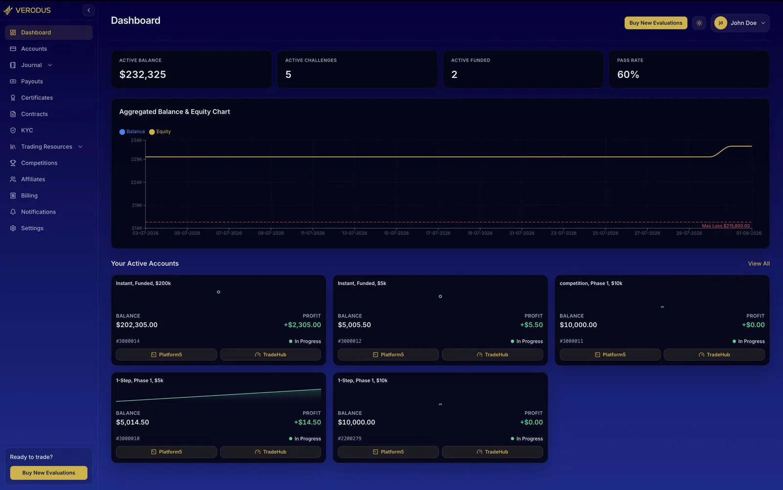Verodus dashboard showing aggregated balance, equity chart and active accounts