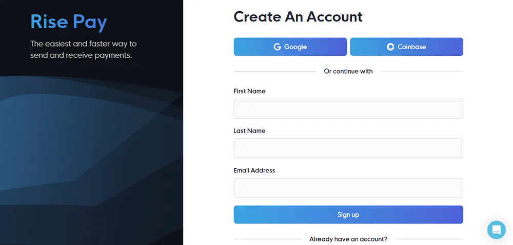 Rise sign-up screen